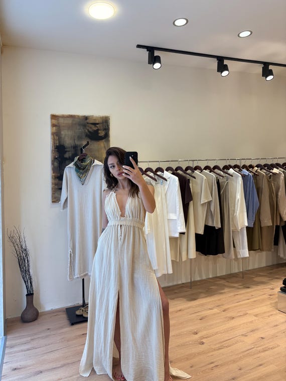 Boho Cotton Dress: Grecian Goddess Gown,Festival,Simple Wedding Cocktail,Beach,Summer Long,Backless