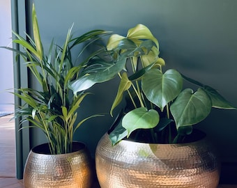 Handcrafted Hammered Brass Planter Pots, Set of 2
