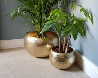 Hammered Brass Planters. Set of 2 Large & Small. Home and Garden. Plant Pots Handcrafted