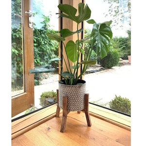 Whitewashed Standing Planter with wooden Base/Metal Plant Pot, Home & Garden.