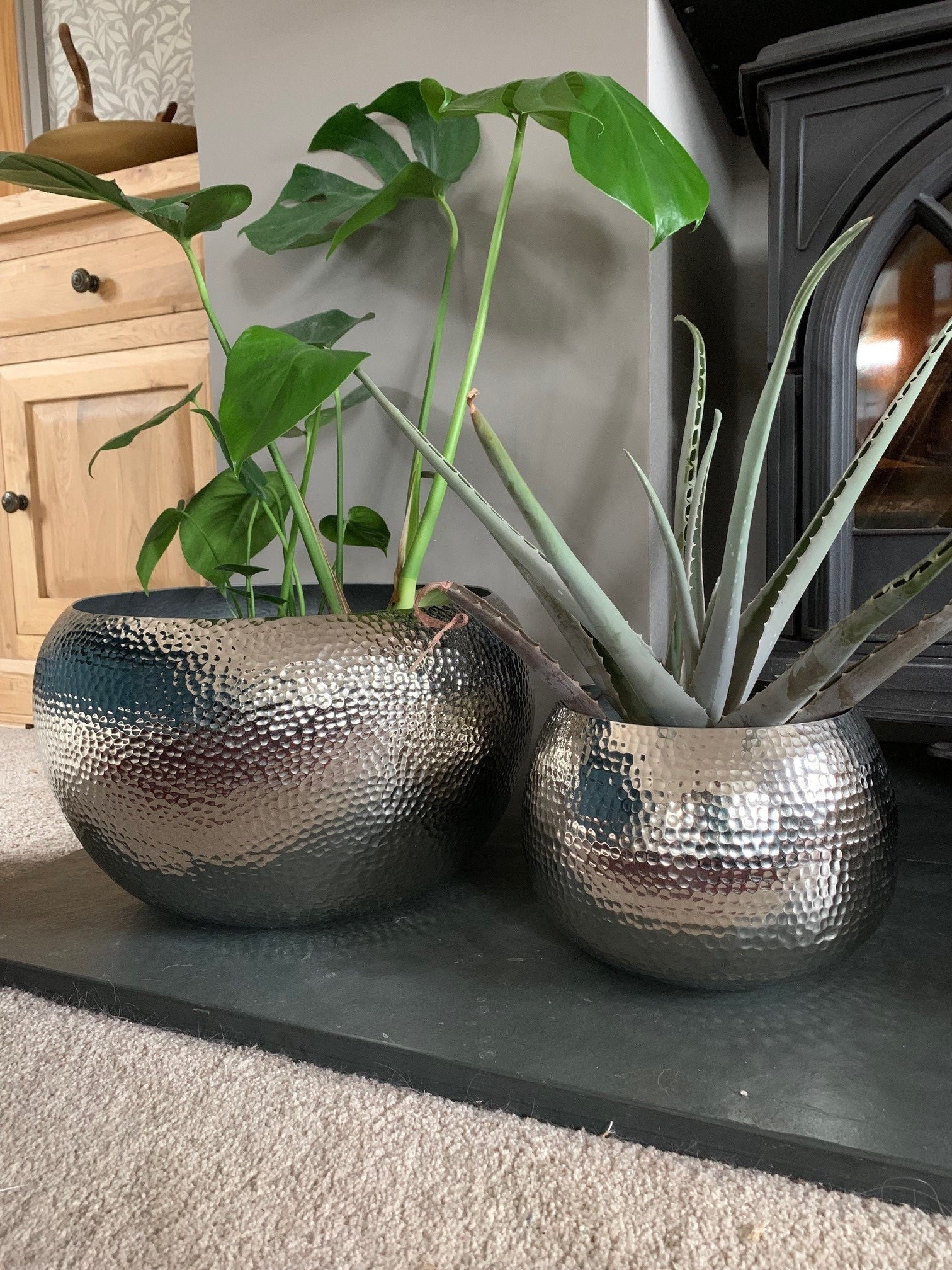 Hammered Nickel Planters Set, Handcrafted Home and Garden Pots