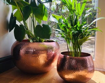 Hammered Rose Copper Planters, Handcrafted Set of 2