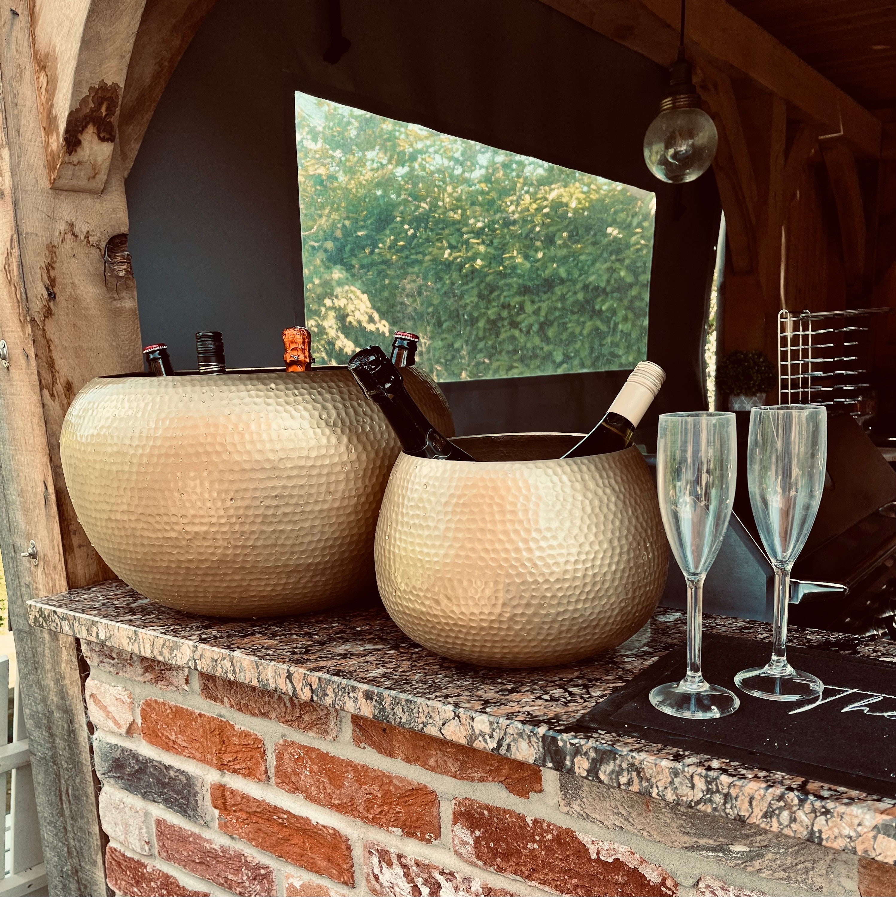 Hammered Brass Planters. Set of 2. Plant Pot for Home and Garden