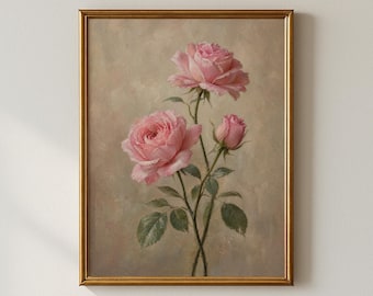 May include: A framed wall art print featuring an oil painting of three pink roses on a neutral beige background. The artwork displays two fully bloomed roses and one closed rosebud on green stems with leaves, enclosed in a thin gold frame.