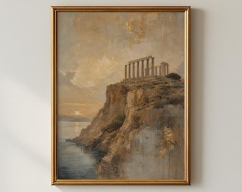 May include: A framed wall art print depicting an ancient Greek temple with stone columns situated on a high cliff overlooking a calm sea at sunset. The painting features a warm color palette of gold, beige, brown, and soft blue tones with visible brushstrokes.
