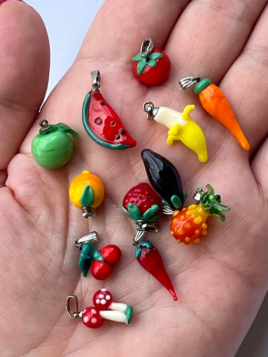 12 Pcs 3D Glass Fruit and Vegetables Pendant, Banana Watermelon