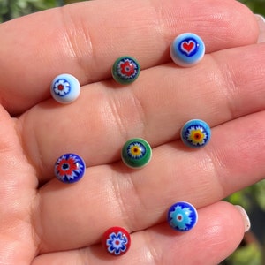 Millefiori Stud Earrings, Round Minimalistic Colorful Flower Bead Stud Earrings, Murano Handmade Multi Coloured Glass Earrings