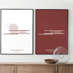 Minimal architecture poster Farnsworth House by Mies van der Rohe - set 2 different color posters - digital download