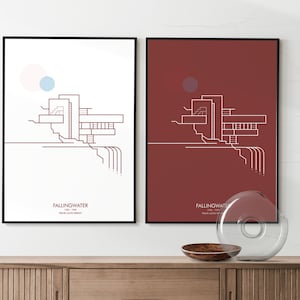 Minimal architecture poster Fallingwater Frank Lloyd Wright - set 2 posters digital download