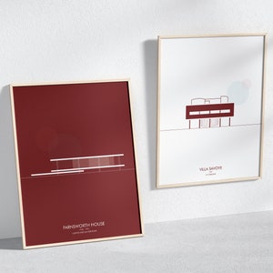 Minimal architecture poster of Farnsworth House and Villa Savoye - 2 color poster set - instant digital download