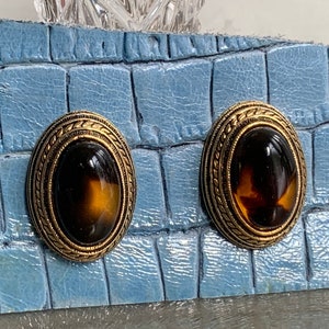 Jean Louis Scherrer JSL Vintage Earrings Faux stone Amber Bronze tone Oval Large image 1