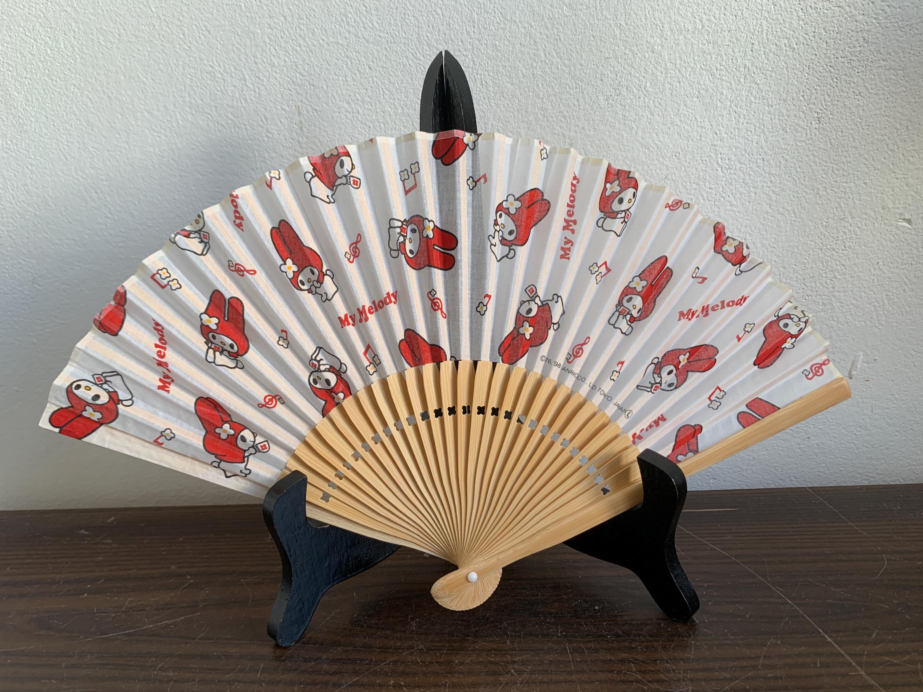 Rare 90s My Melody Sanrio Japanese Hand Fan Sensu Wooden Handle