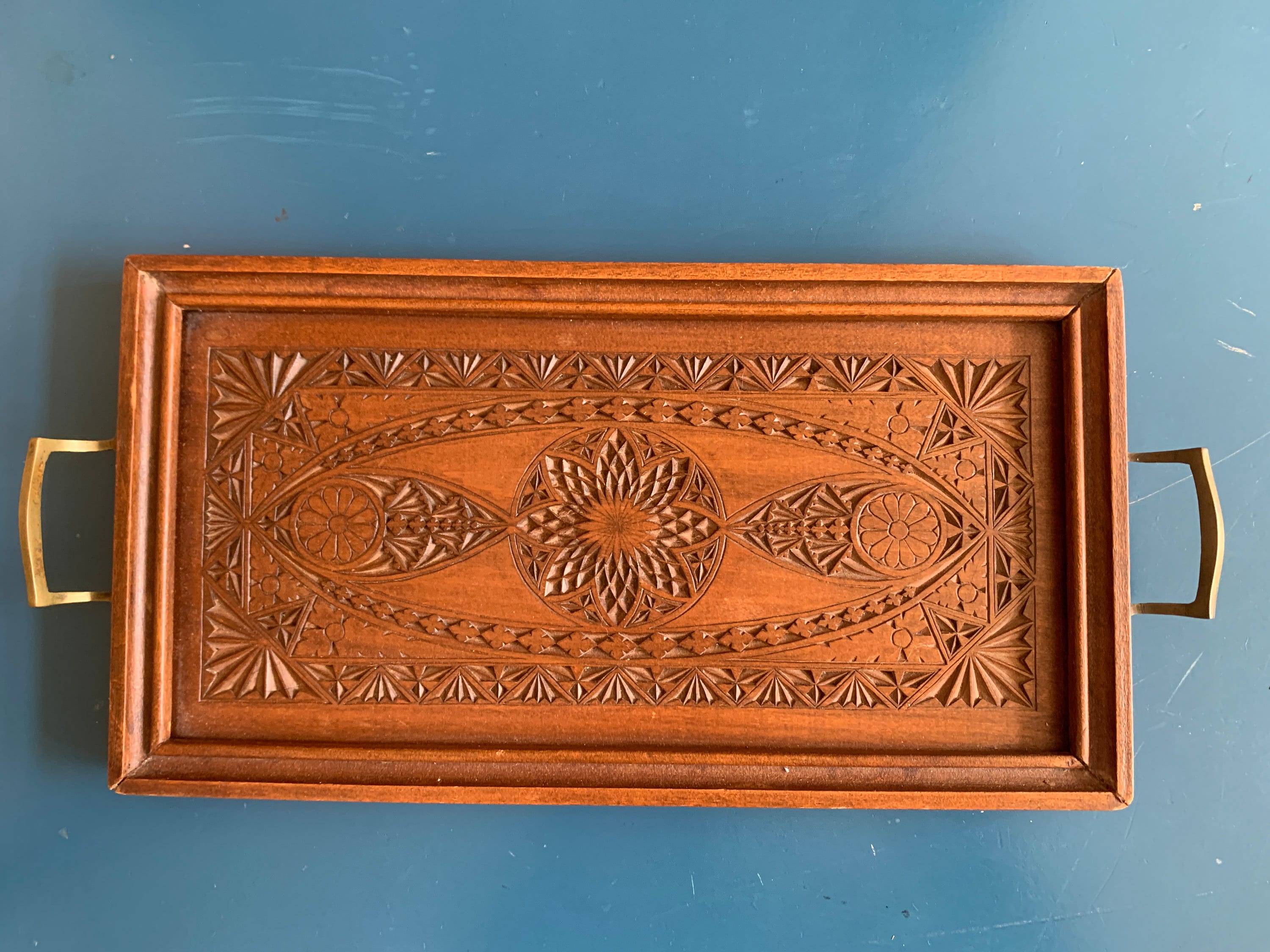 20s Antique Wooden Tray Handles Carved Serving Tray Geometric Etsy