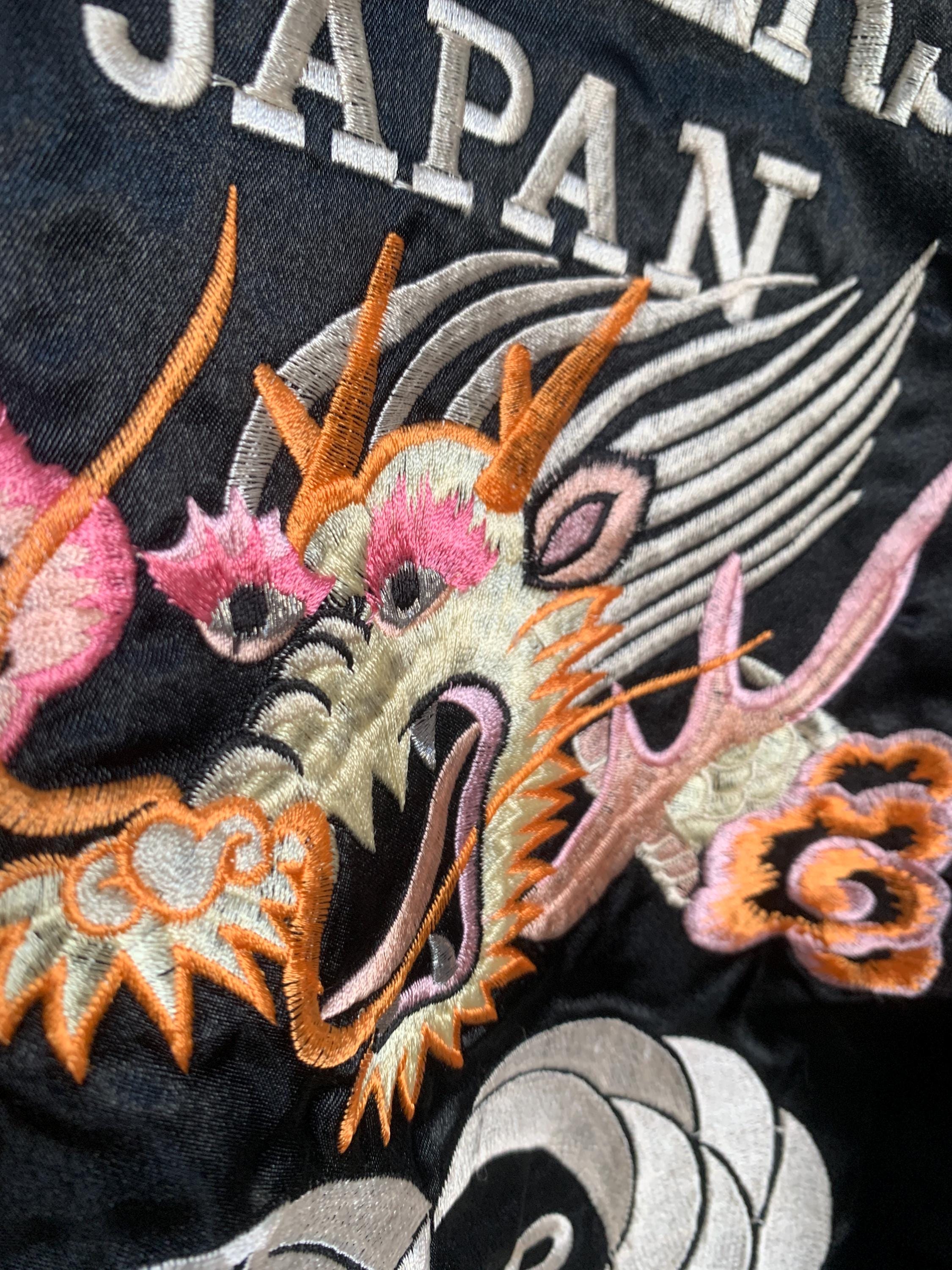 Rare Sukajan Souvenir Nylon Jacket Dragon Embroidery Pink Black