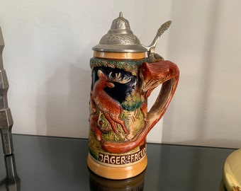 Fox Deer Vintage Ceramic Beer Mug Large Beer Stein with Lid Germany 70s Jagers Freud Die Grune Heid