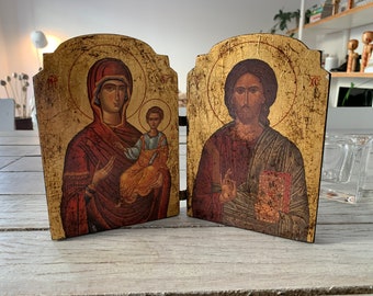 Orthodoxe tweeluik Houten panelen Antieke christelijke decoratie lederen scharnier Theotokos Jezus Christus Maagd Maria