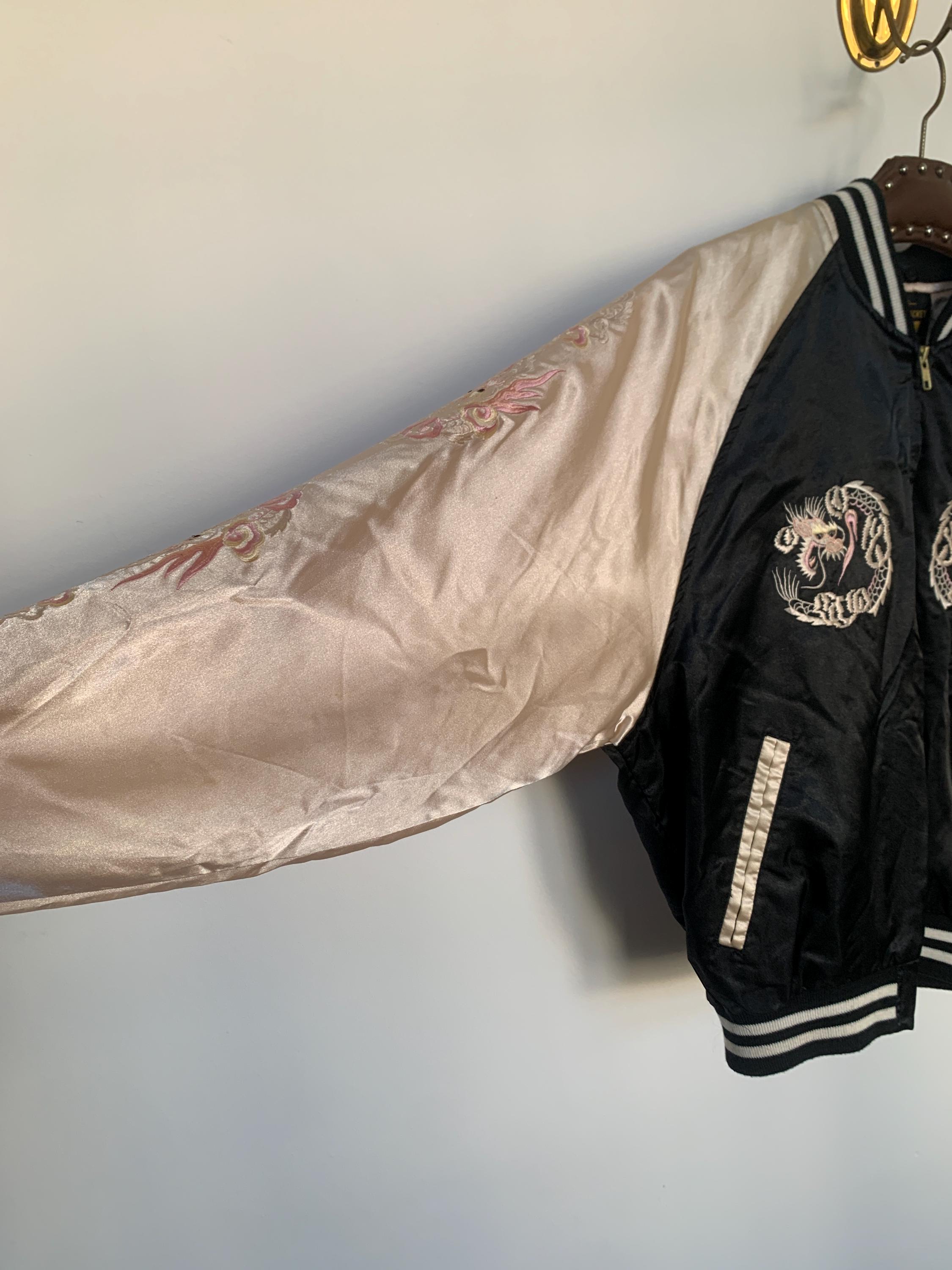 Rare Sukajan Souvenir Nylon Jacket Dragon Embroidery Pink Black