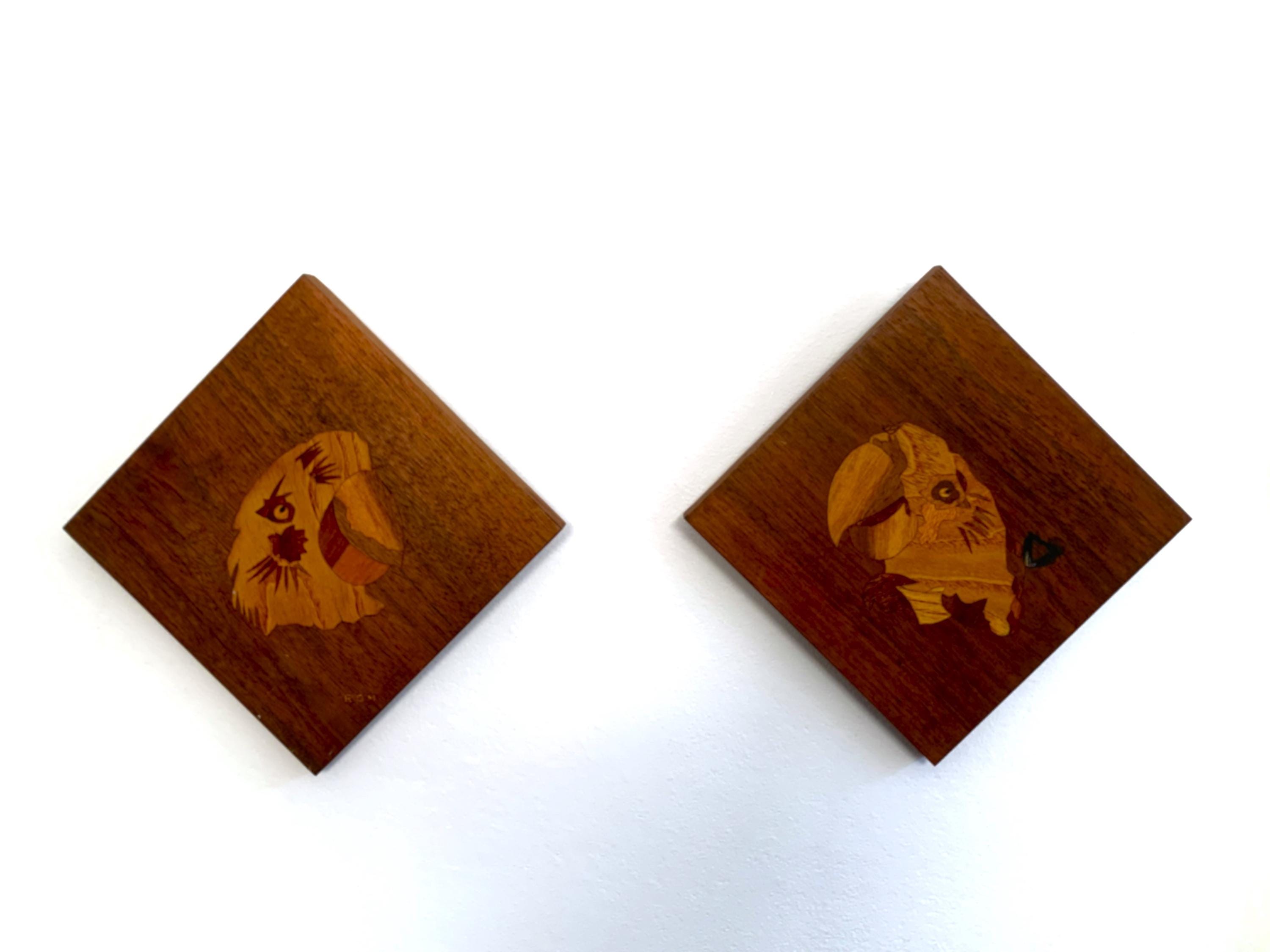 Set of 2 Parrots Wooden Handmade Diamond Rhombus Wall hanging Art Interior decor Vintage