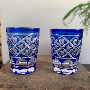 Set of 2 Sake cup Japanese Cut glass Faceted Edo Kiriko 切子 Vintage Blue