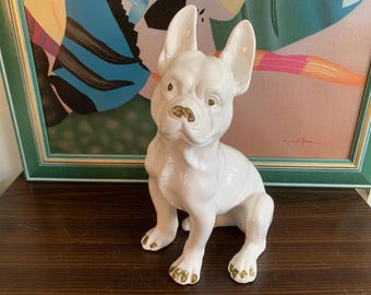フレンチブルドッグの白い陶器の像 ハリウッド・リージェンシー 大型