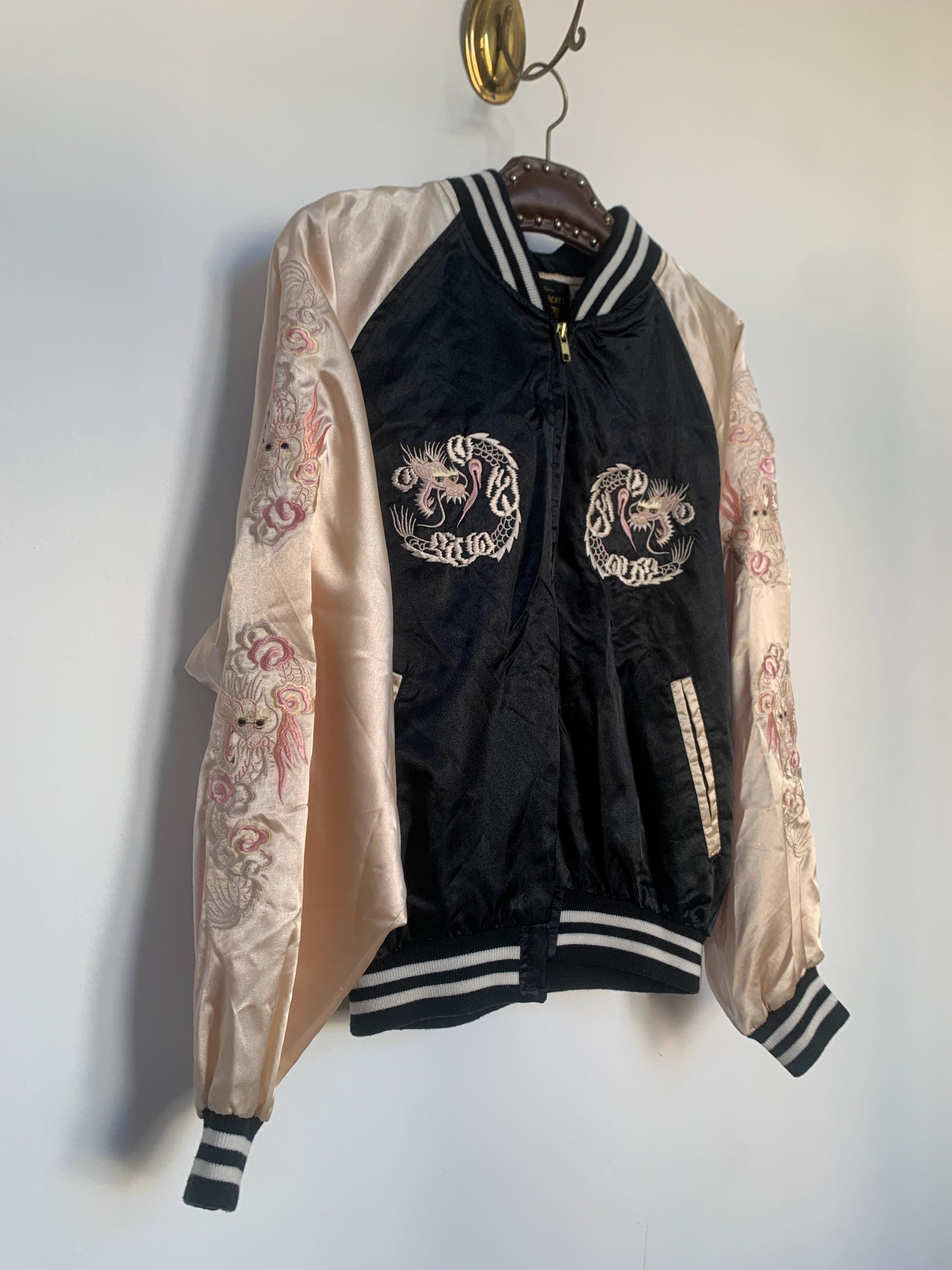 Rare Sukajan Souvenir Nylon Jacket Dragon Embroidery Pink Black