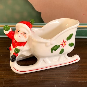 Christmas Santa Claus Candy Dish Ceramic Sleigh Vintage No.2
