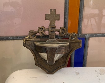 CREDO Holy Water Font Metal Plastic Bowl Cross Antique Vintage Wall hanging Decor Made in Belgium
