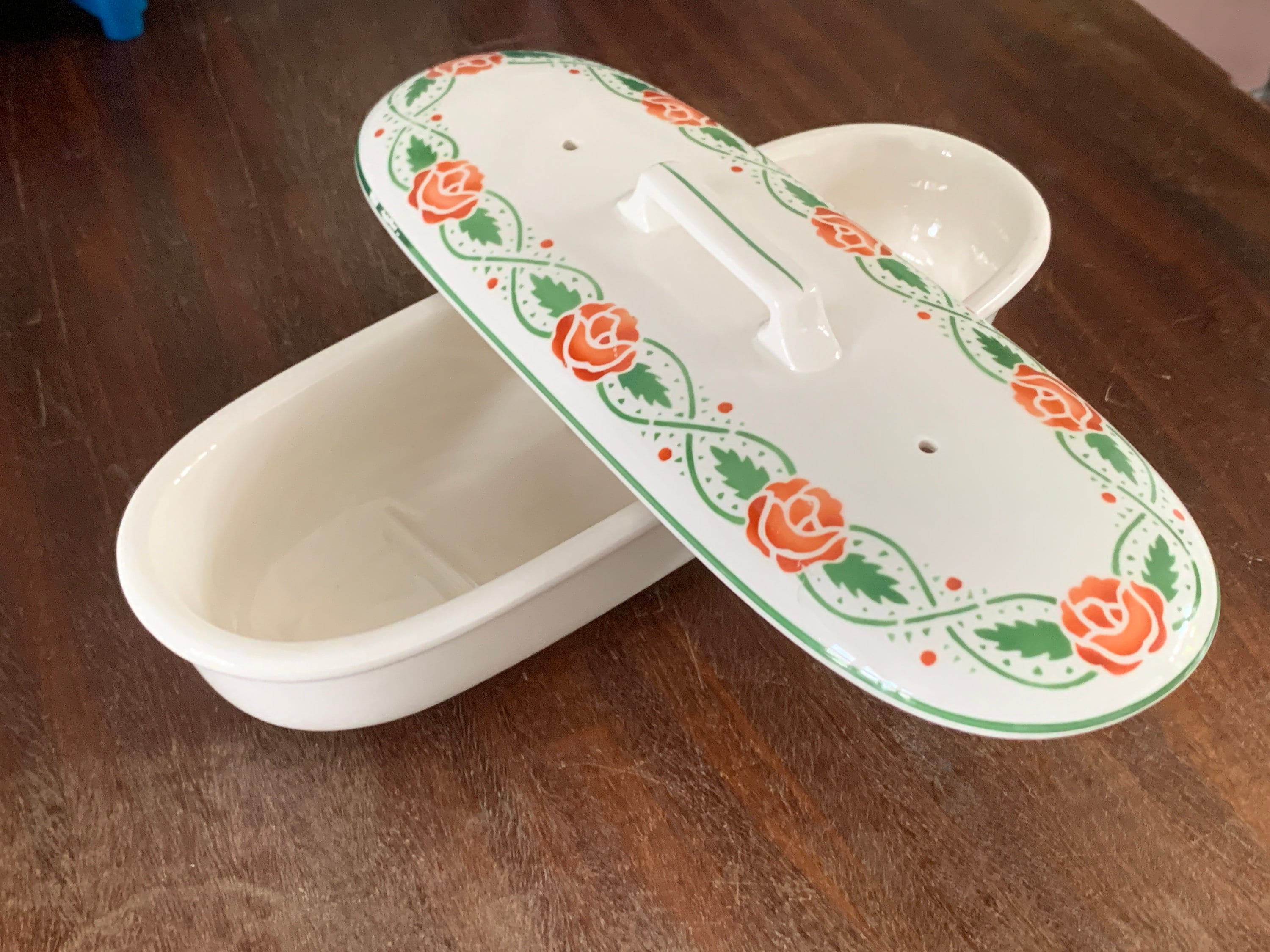 30s Maestricht Societe Ceramique Ceramic Soap Comb dish Plate Antique Stencil Red rose