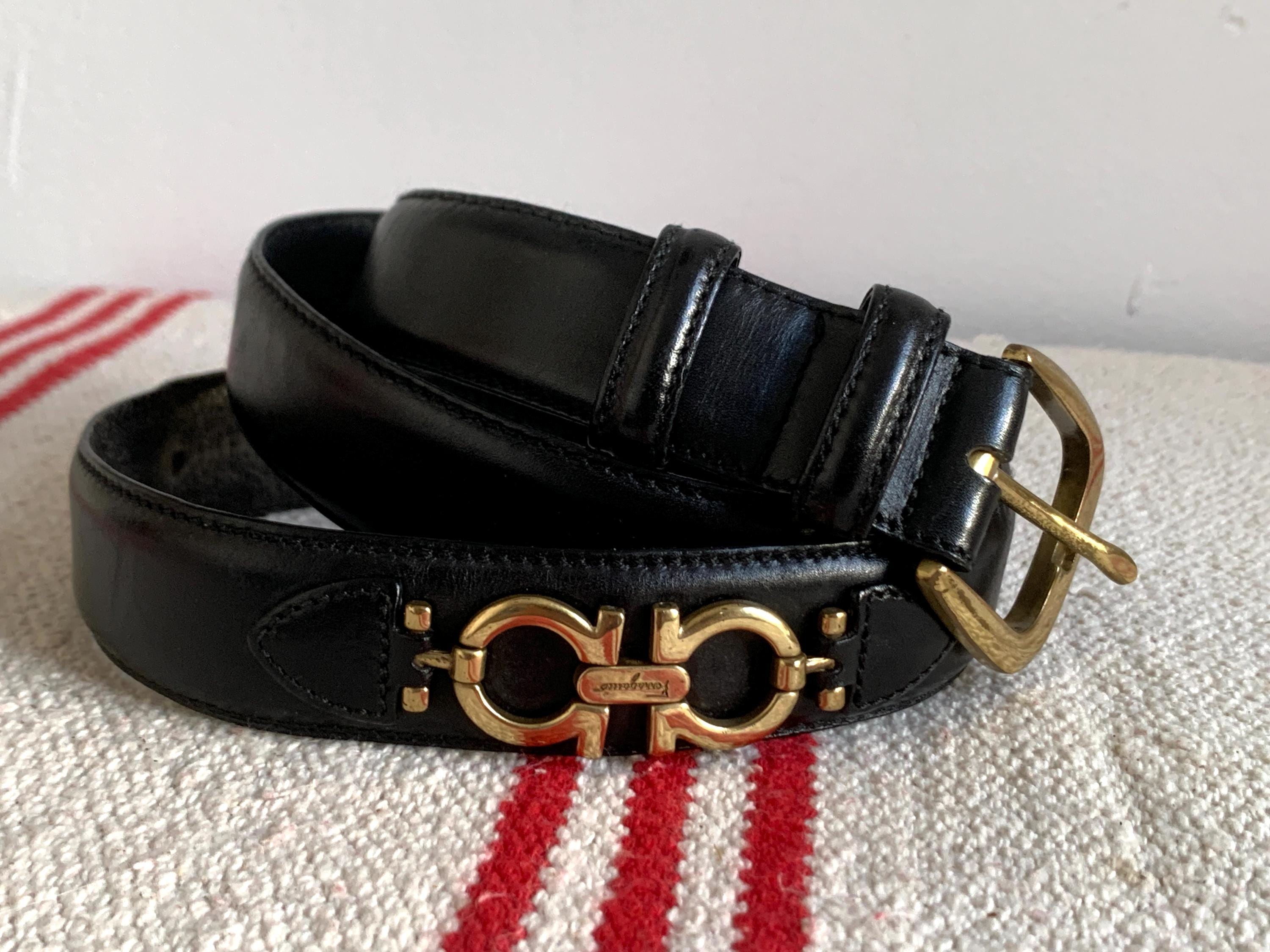 SALVATORE FERRAGAMO Belt Black Leather Unisex Gold Made in 