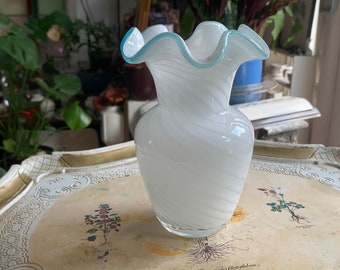 Vaso per fiori in vetro di Murano Swirl bianco blu vintage