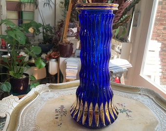 Vaso per fiori in vetro artistico blu cobalto oro vintage alto