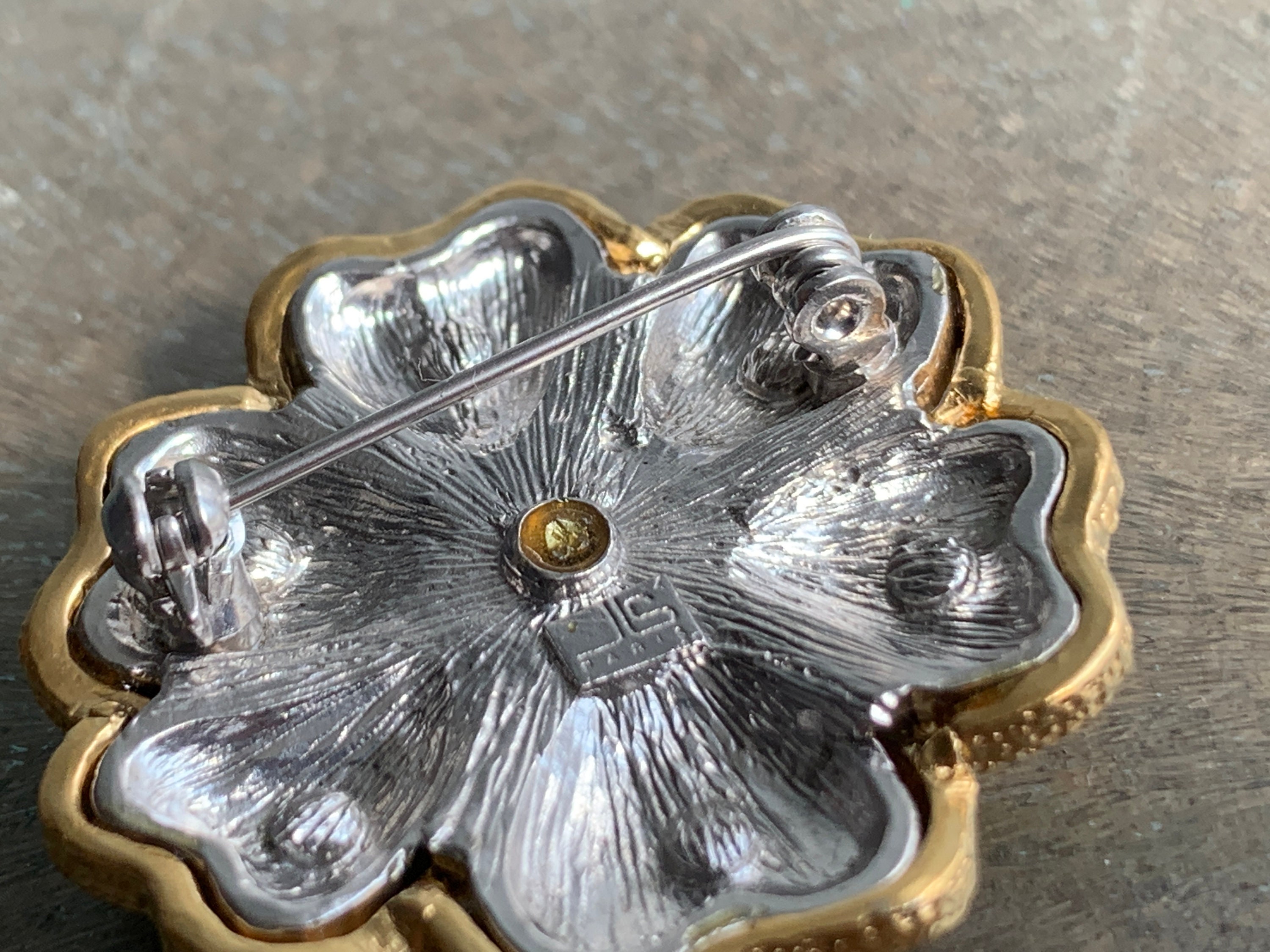 Jean Louis Scherrer JLS Brooch Vintage Gold Silver Tone Flower