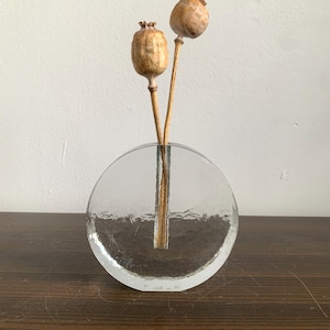 May include: A clear glass vase with a round, textured base and a single opening for flowers. Two dried poppy seed pods are in the vase.