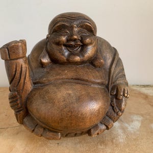 Wooden Antique Buddha Laughing Happy Figurine Statue Carving Chinese