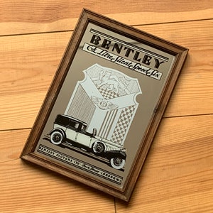 Rzadkie lustro BENTLEY Motors LTD w drewnianej ramie Kolekcjonerskie London W1 Vintage Wall Hanging