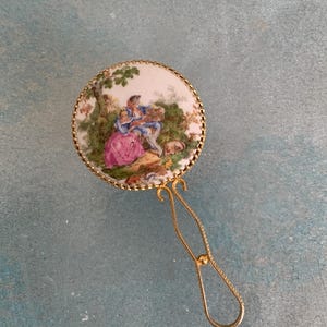 Limoges Ceramic Hand Mirror Pocket Fragonard Vintage