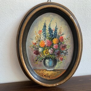 Pintura al óleo L.KOCH Alemania Ramo de flores de colores Marco de madera ovalado Vintage　