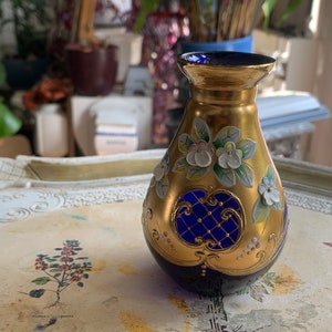 Czech Bohemian Cobalt Blue Glass Gold Flower Vase Vintage
