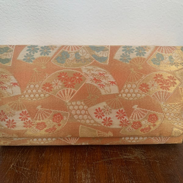 Kimono Handbag Clutch Cosmetic Pouch Vintage Japanese Fan Orange gold Japan Bag