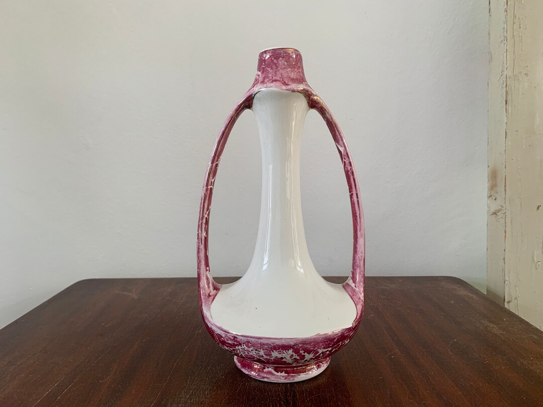 30年代 希少 NIMY 陶器 花瓶 アールデコ ピンク×ホワイト 高さ23cm