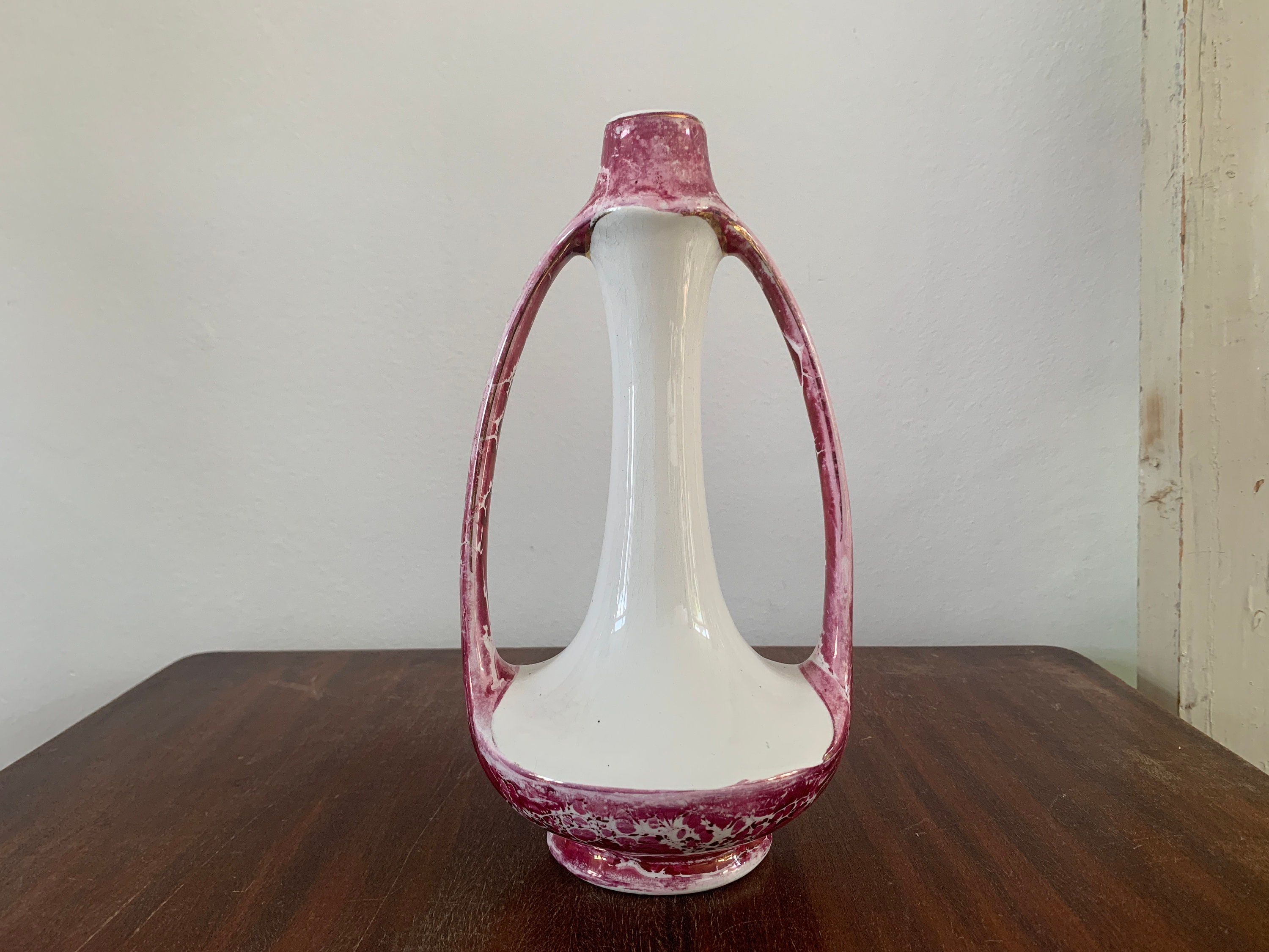 30年代 希少 NIMY 陶器 花瓶 アールデコ ピンク×ホワイト 高さ23cm