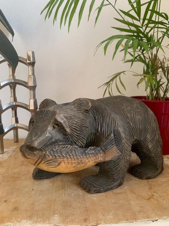 木製クマと魚の手彫り彫刻 日本の熊と鮭の木製手彫りの大きな彫刻ヴィンテージ - Etsy 日本