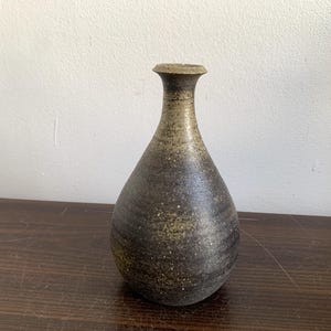 Può includere: Un vaso in ceramica marrone scuro e verde con una finitura macchiata. Il vaso ha un corpo arrotondato e un collo stretto.