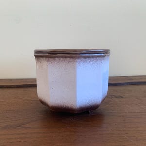 Op de afbeelding: Een witte en bruine keramische plantenbak met een geometrisch ontwerp. De plantenbak heeft een bruine rand en basis, met een gespikkelde bruine gradiënt aan de zijkanten. De plantenbak staat op een houten oppervlak.