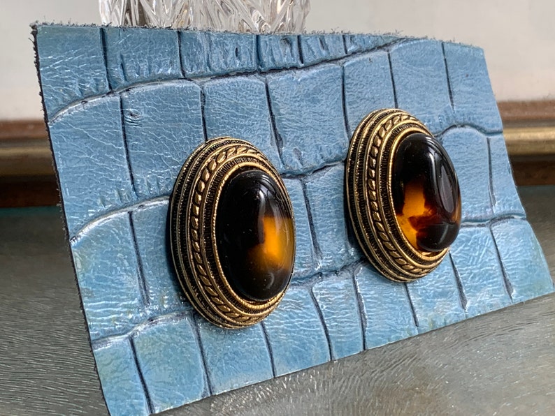 Jean Louis Scherrer JSL Vintage Earrings Faux stone Amber Bronze tone Oval Large image 5
