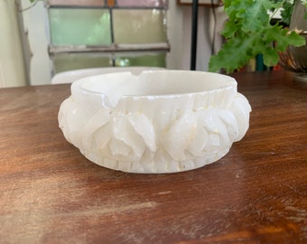 70s White Alabaster Ashtray Vintage Rose Sculpture