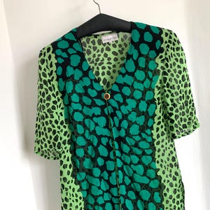 80s Ronnetta Green Animal Dress Blouse Vintage