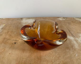 70s MURANO Glass Ashtray Amber brown Vintage