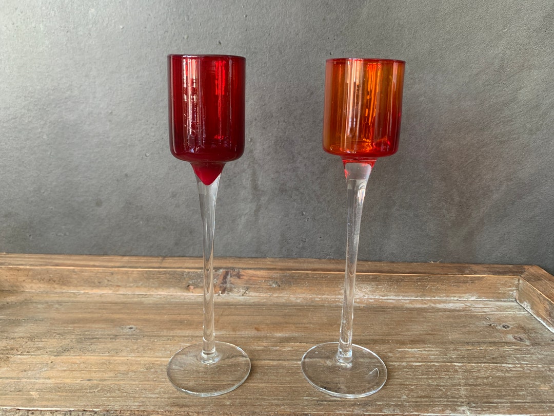 Set of 2 Long Stem Small Liqueur Glasses Vintage Blown Red Orange Etsy