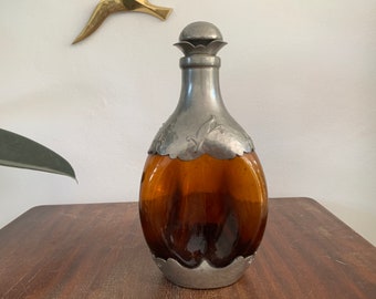 Zeister tinnen amberbruin glazen lege flessenkaraf antiek 24,2 cm hoog groot Made in Holland